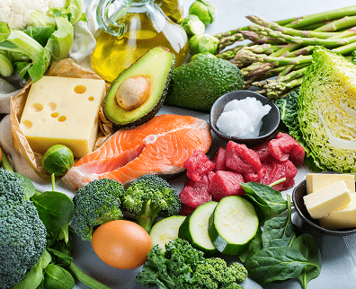 balanced-diet-nutrition-keto-concept-assortment-healthy-ketogenic-low-carb-food-ingredients-cooking-kitchen table green vegetables meat salmon cheese eggs